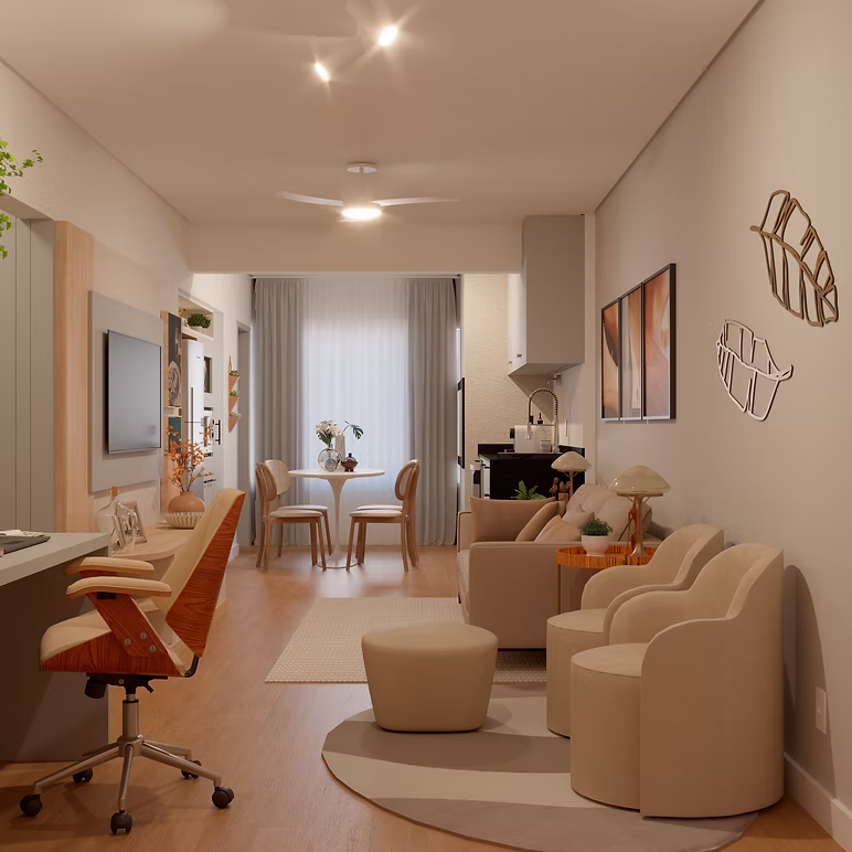 Ambiente integrado com sofá, poltronas e mesa de jantar
